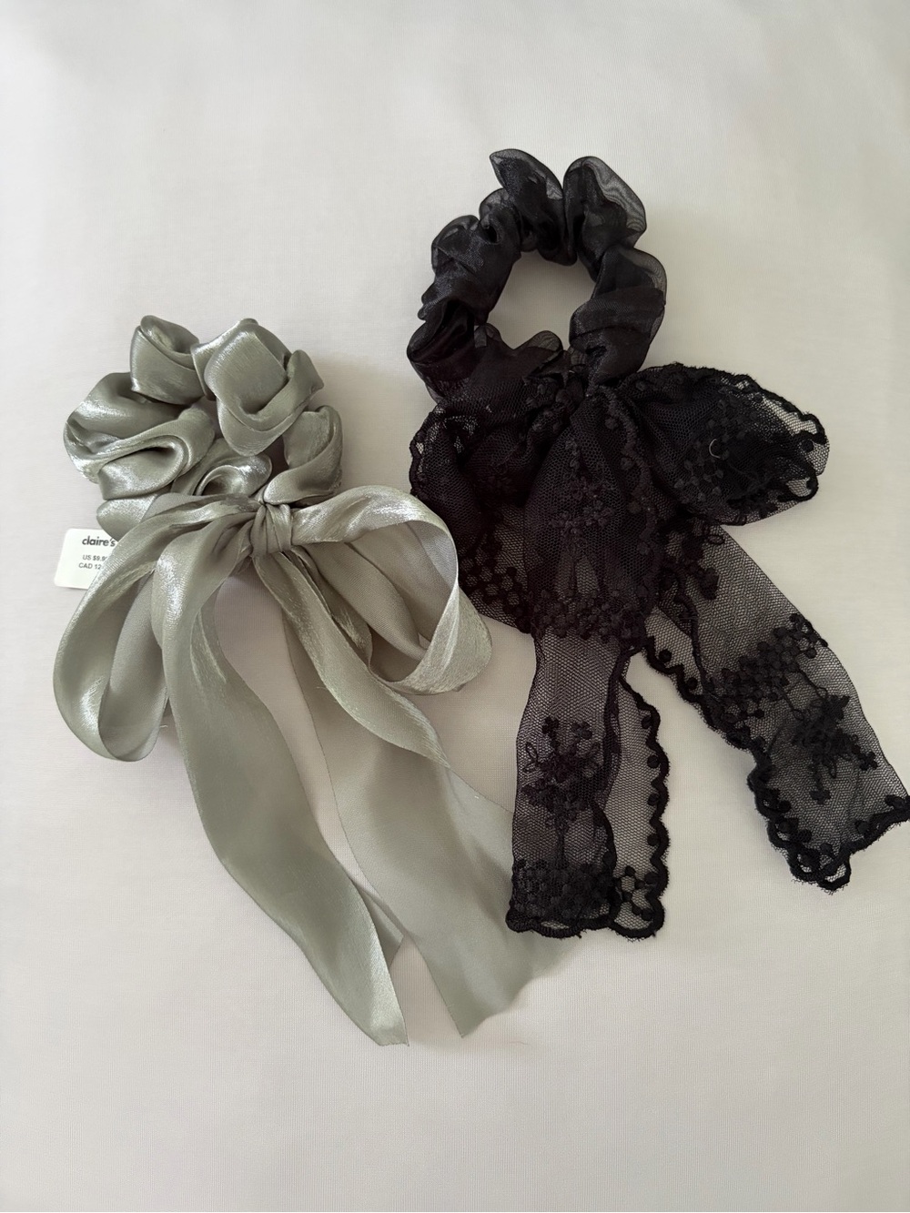 Claire's Sage Satin Bow and Black Lace Bow Scrunchie Bundle